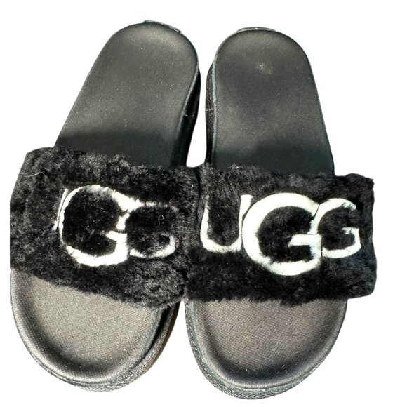 Ugg‎ Black Fluffy Logo Slide Sandals Women's Size 8 NEW - Picture 1 of 7